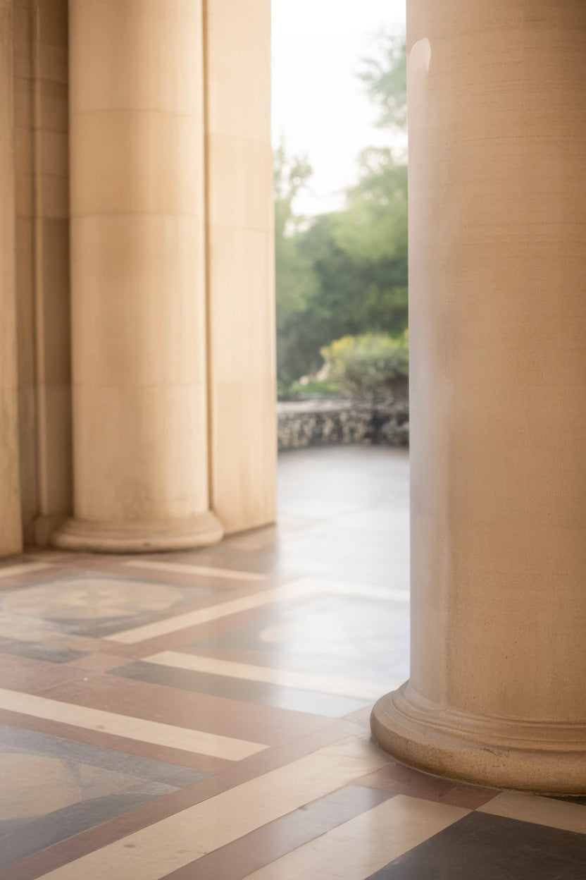 Elegant marble columns with patterned floor and garden view