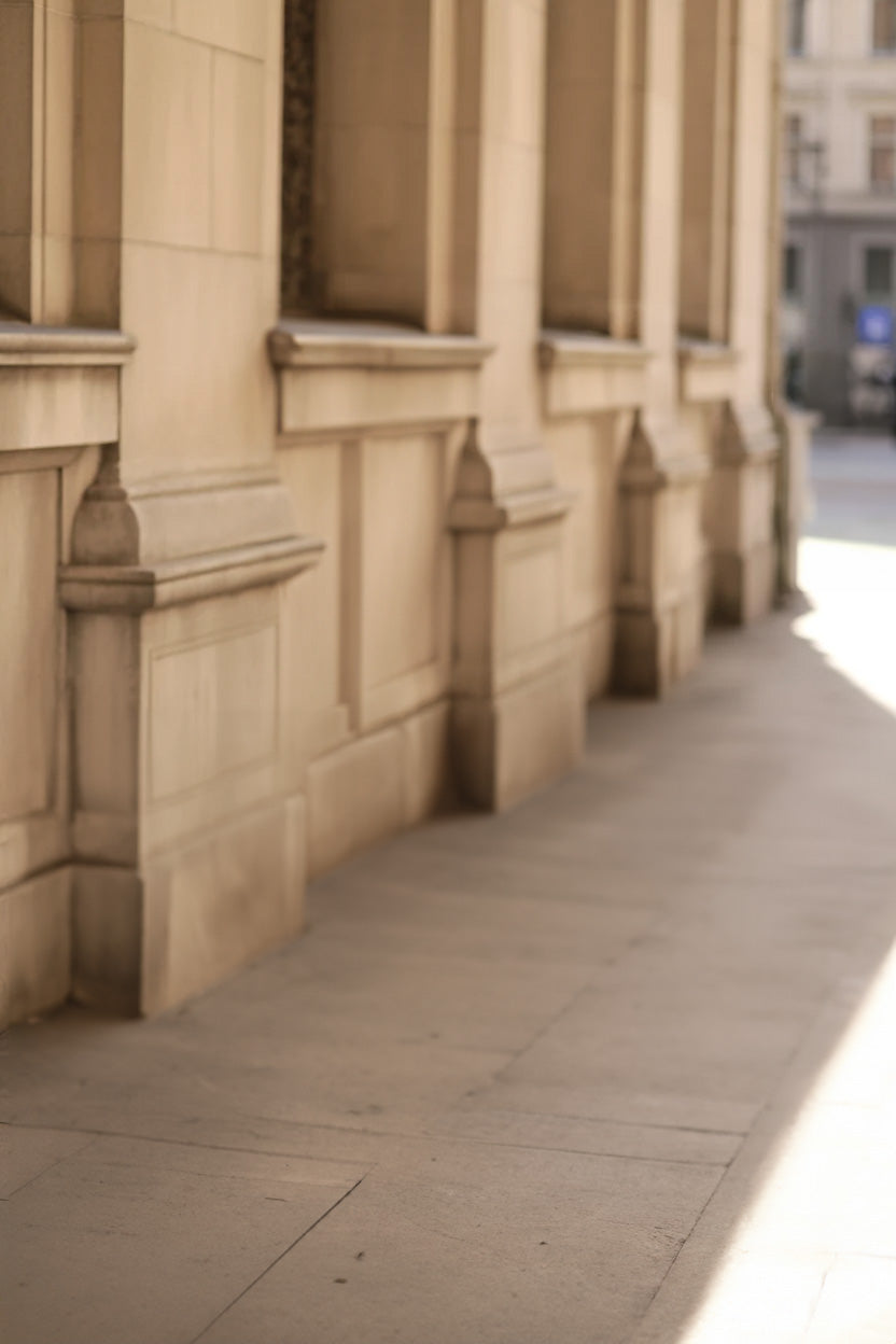 Stone colonnade walkway with sunlight casting soft shadows