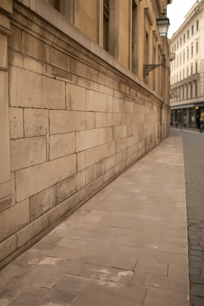 Historic stone building wall along narrow European street