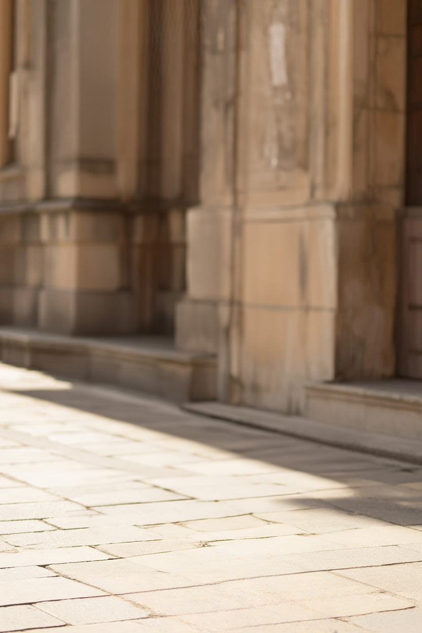 Sunlit stone walkway beside historic architectural building columns