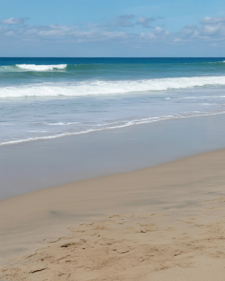 Sunny sandy beach with gentle ocean waves and sky