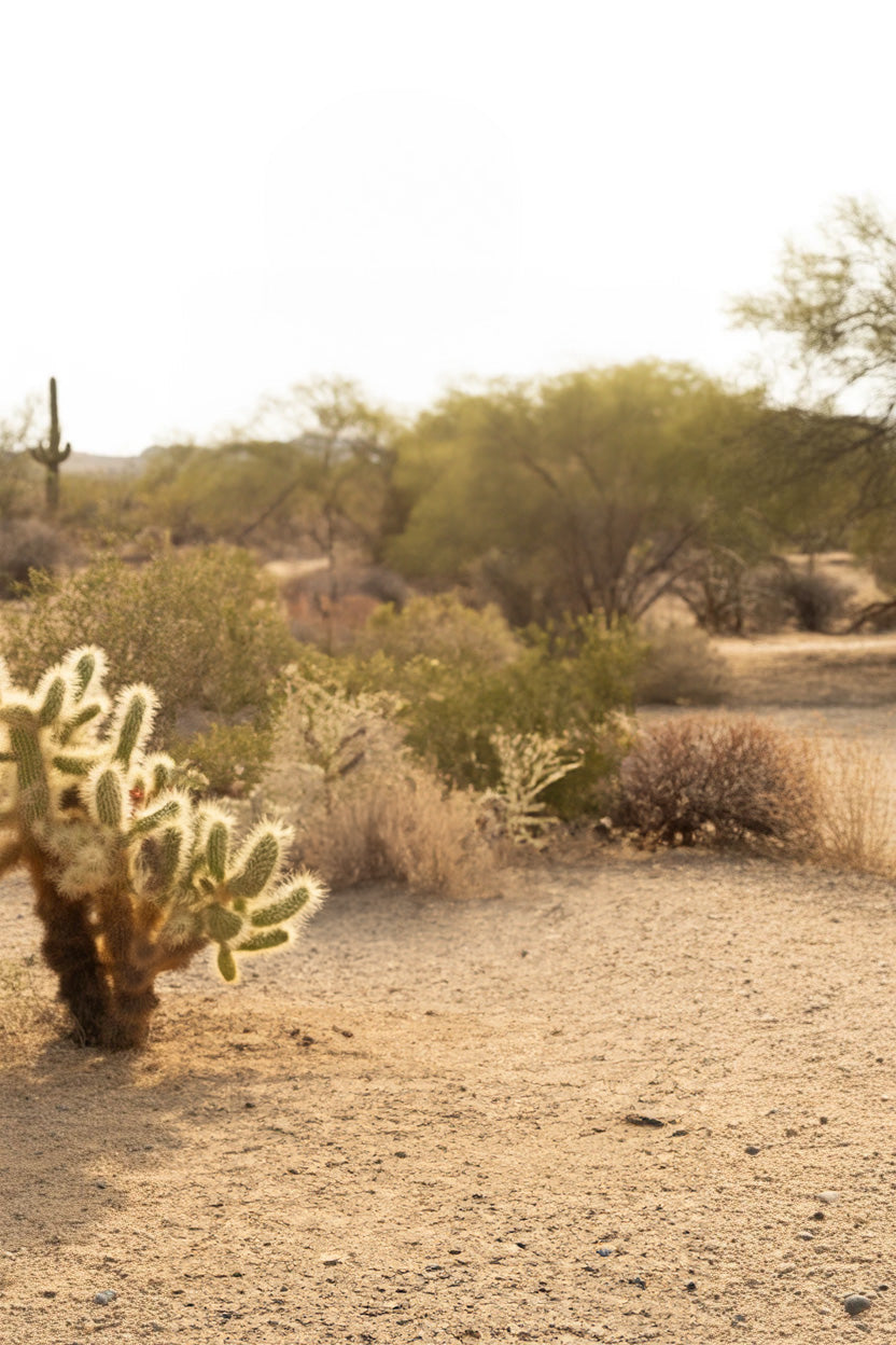 Sunny desert landscape with cactus and sparse dry shrubs