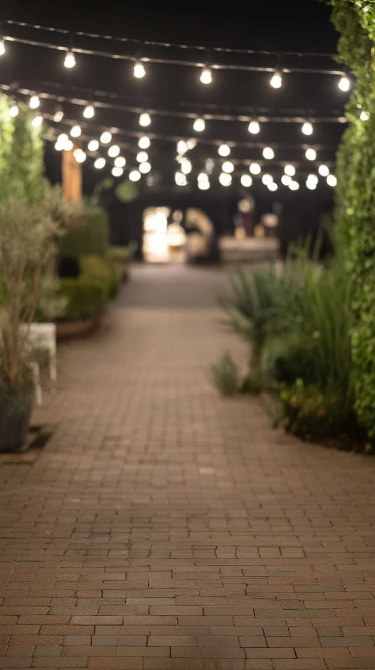 Brick pathway lined with greenery and hanging string lights
