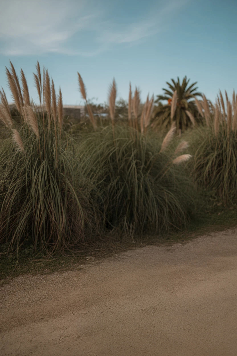 Sandy pathway bordered by tall ornamental grasses and palm tree