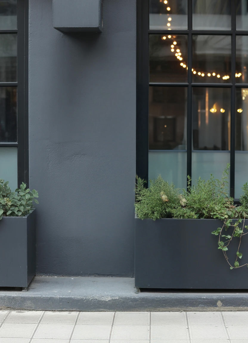 Modern building facade with black planters and large windows