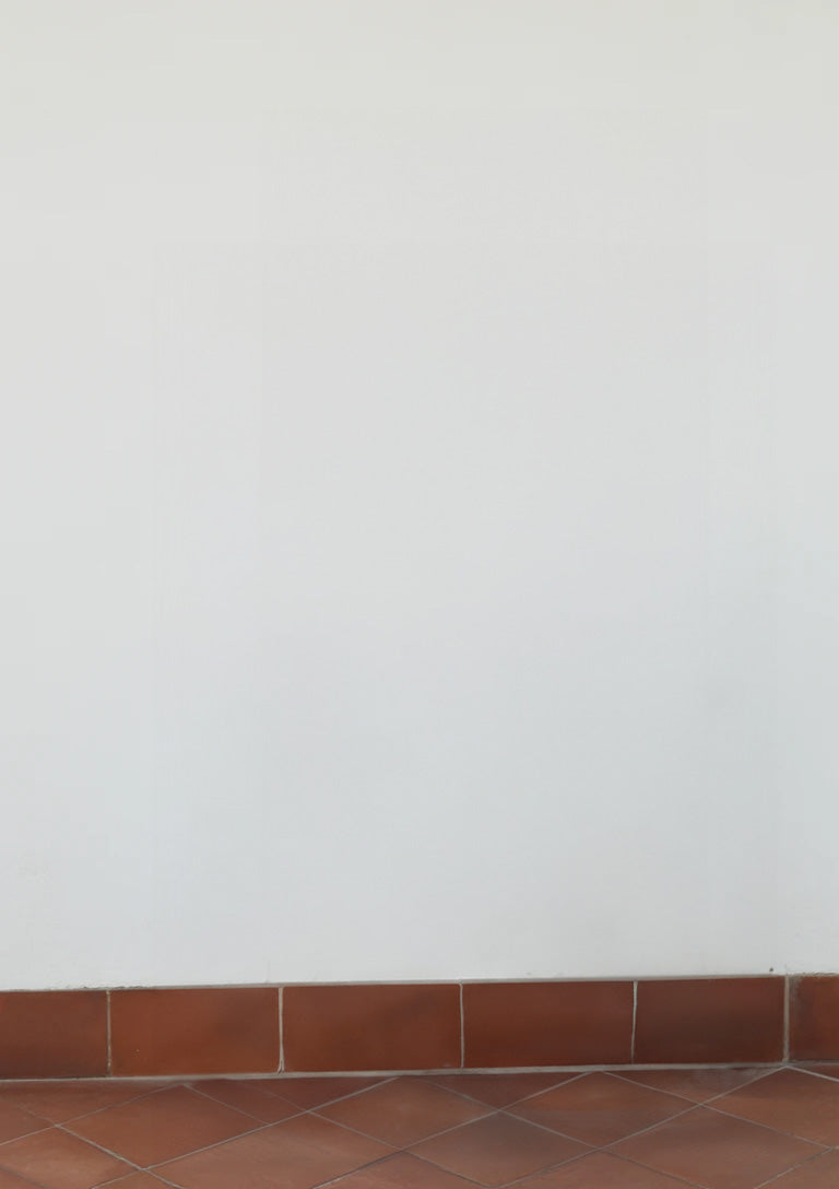 White wall with terracotta floor tiles and base trim