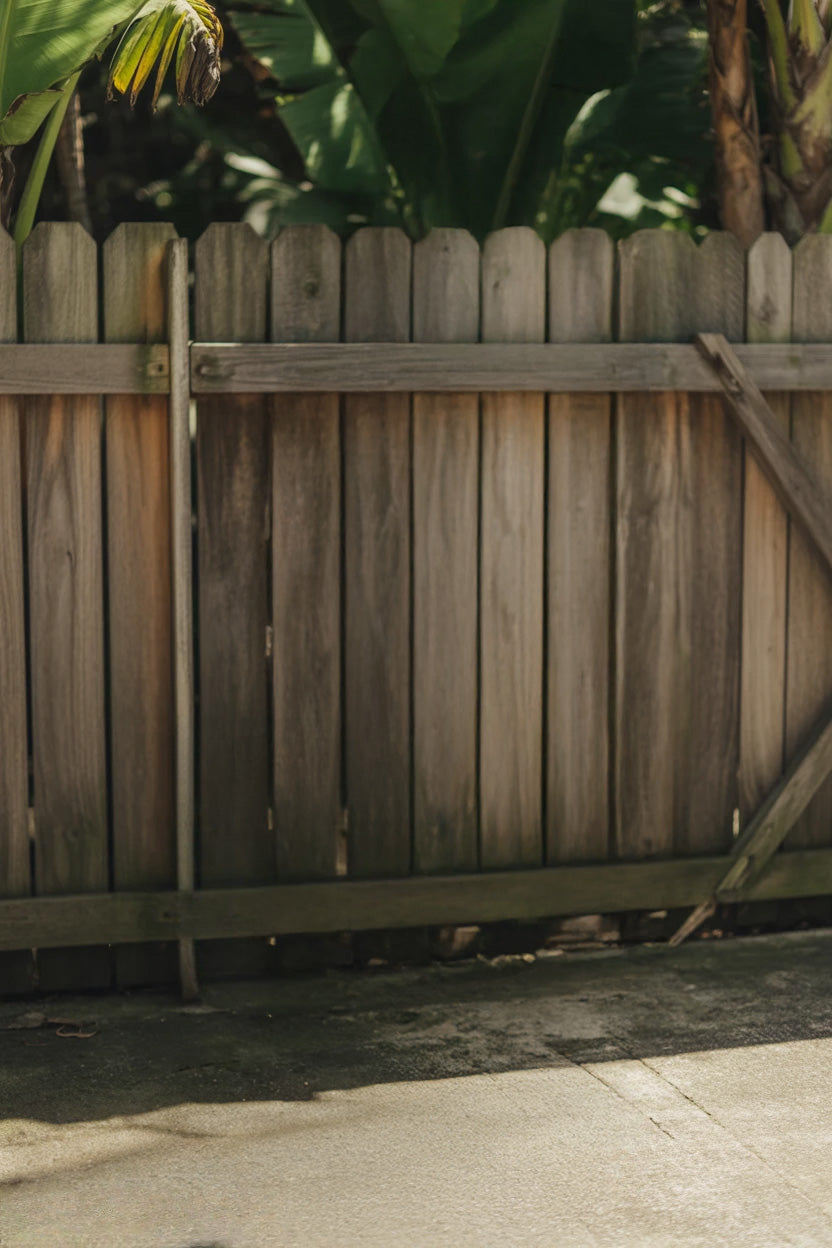 Wooden fence with tropical greenery and concrete ground surface