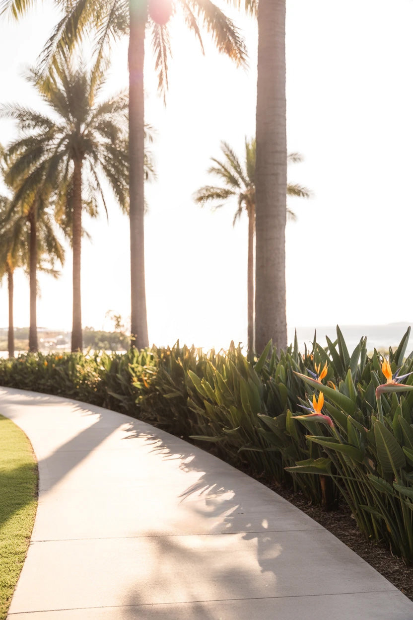 Curved walkway lined with palm trees and tropical flowers