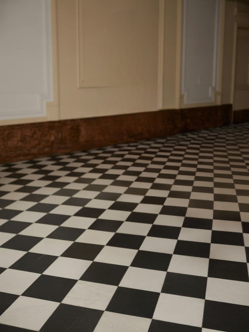 Interior with classic black and white checkered tile flooring