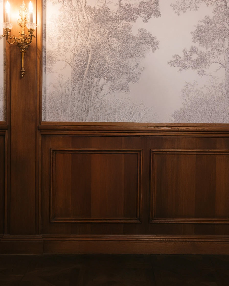 Warm wooden paneling with intricate wall art and sconce lighting