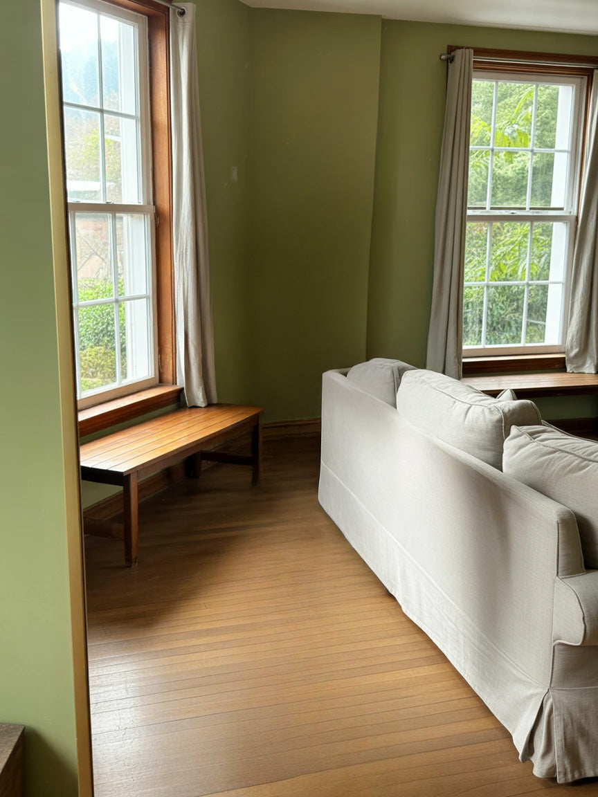 Cozy living room corner with green walls and windows