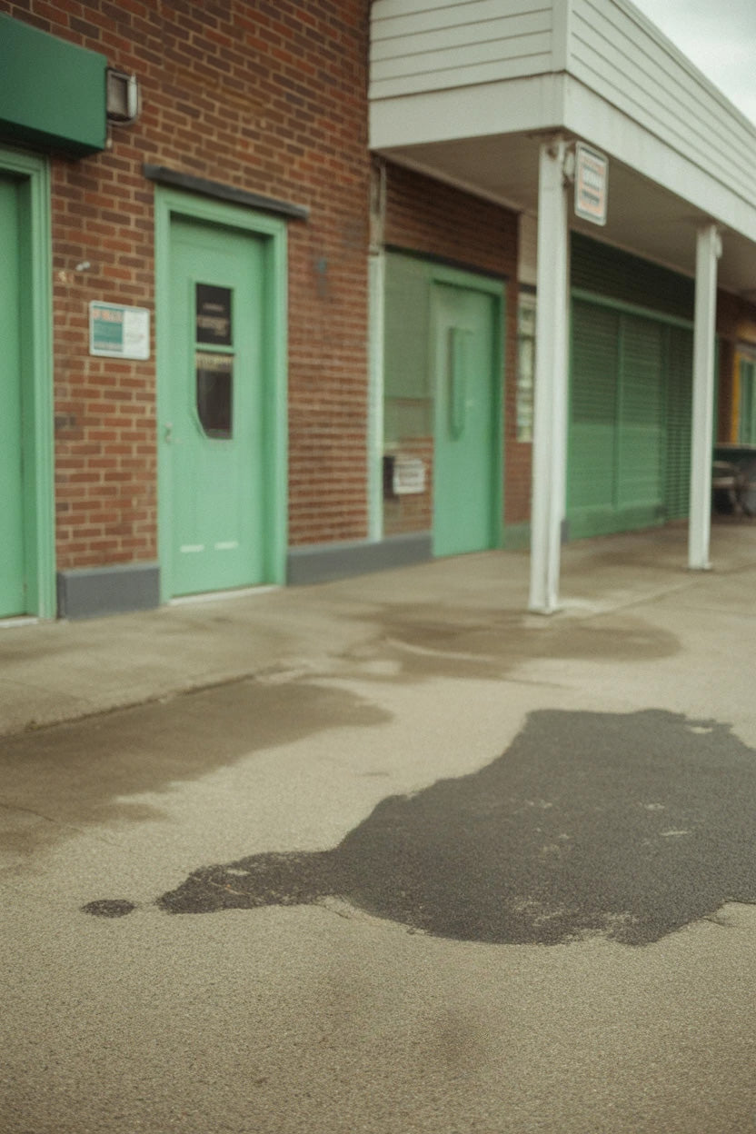 Small commercial storefront with mint green doors and wet pavement