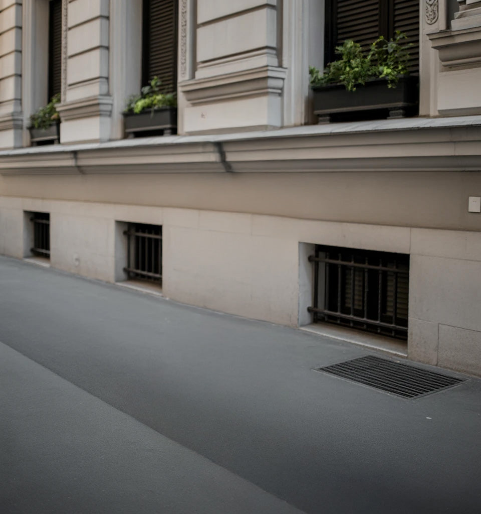 Historic building facade with window grilles and planter boxes