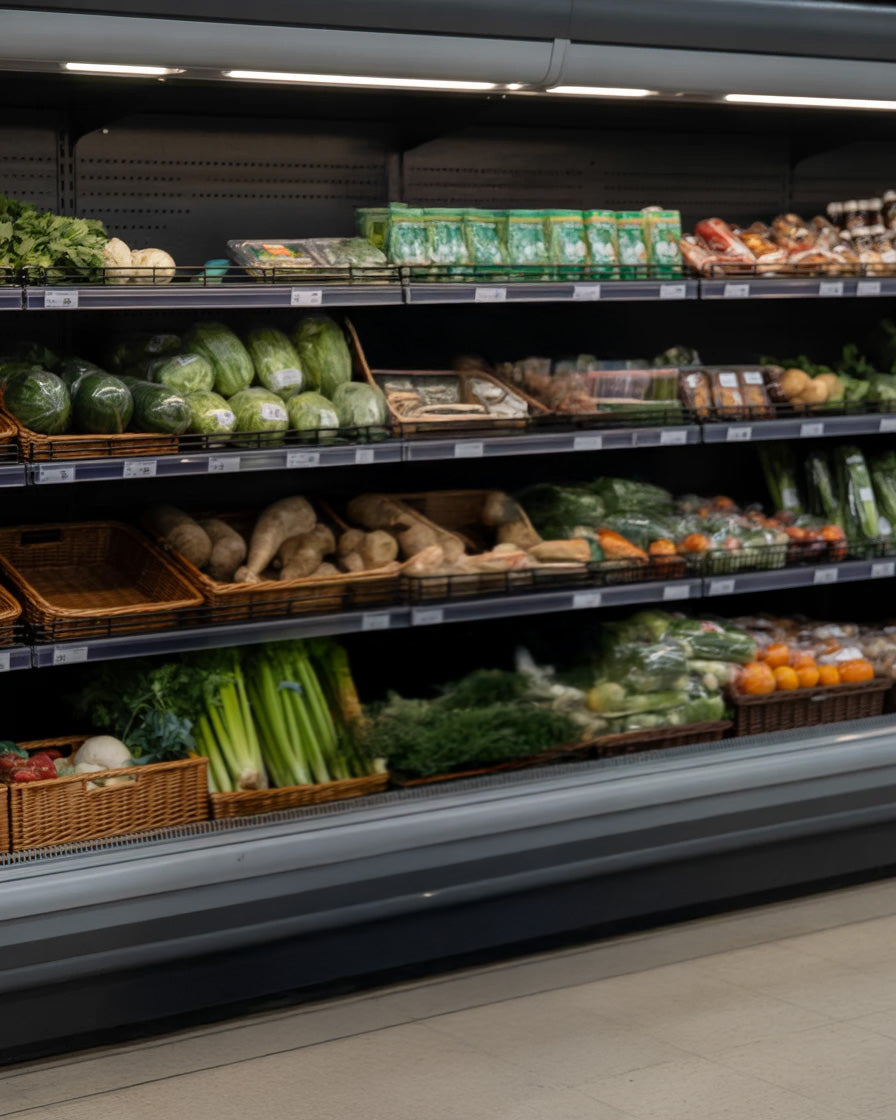 Grocery store produce section with neatly arranged fresh vegetables