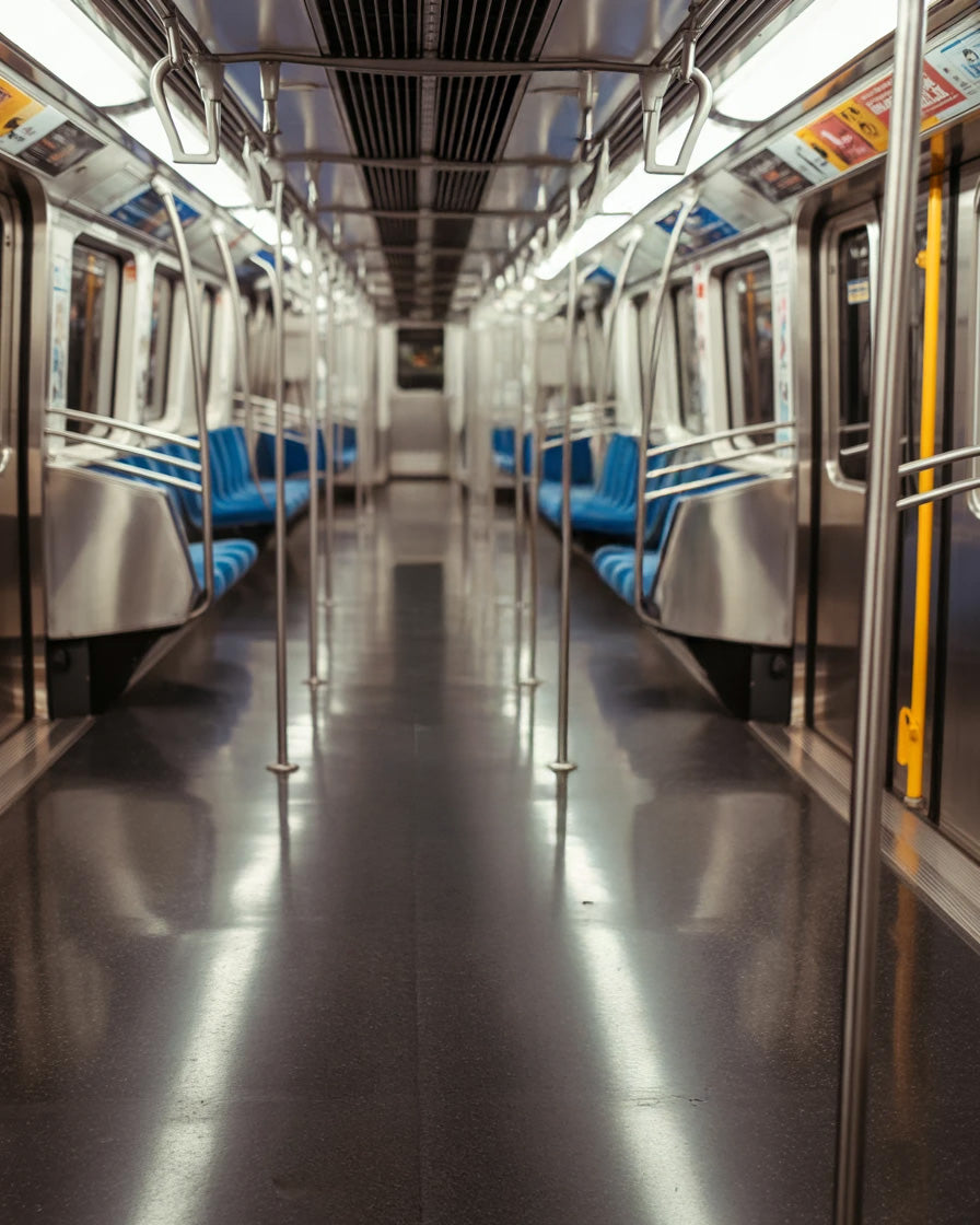 Empty subway car interior with blue seats and stainless steel poles