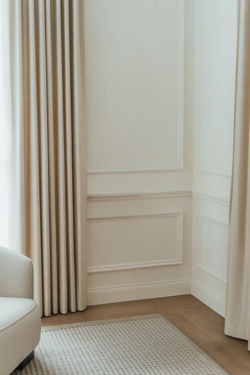 Elegant corner room with beige curtains and textured rug