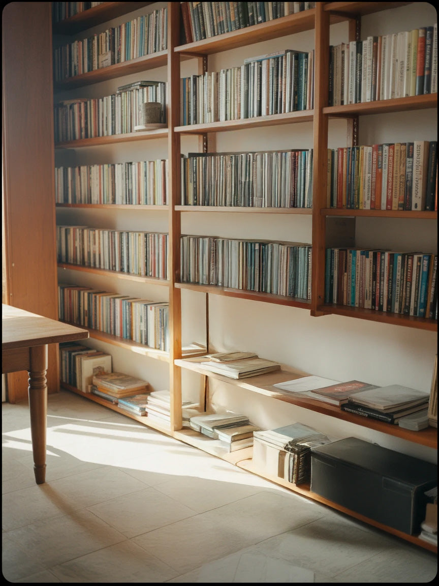 Cozy home library with wooden bookshelves and natural sunlight