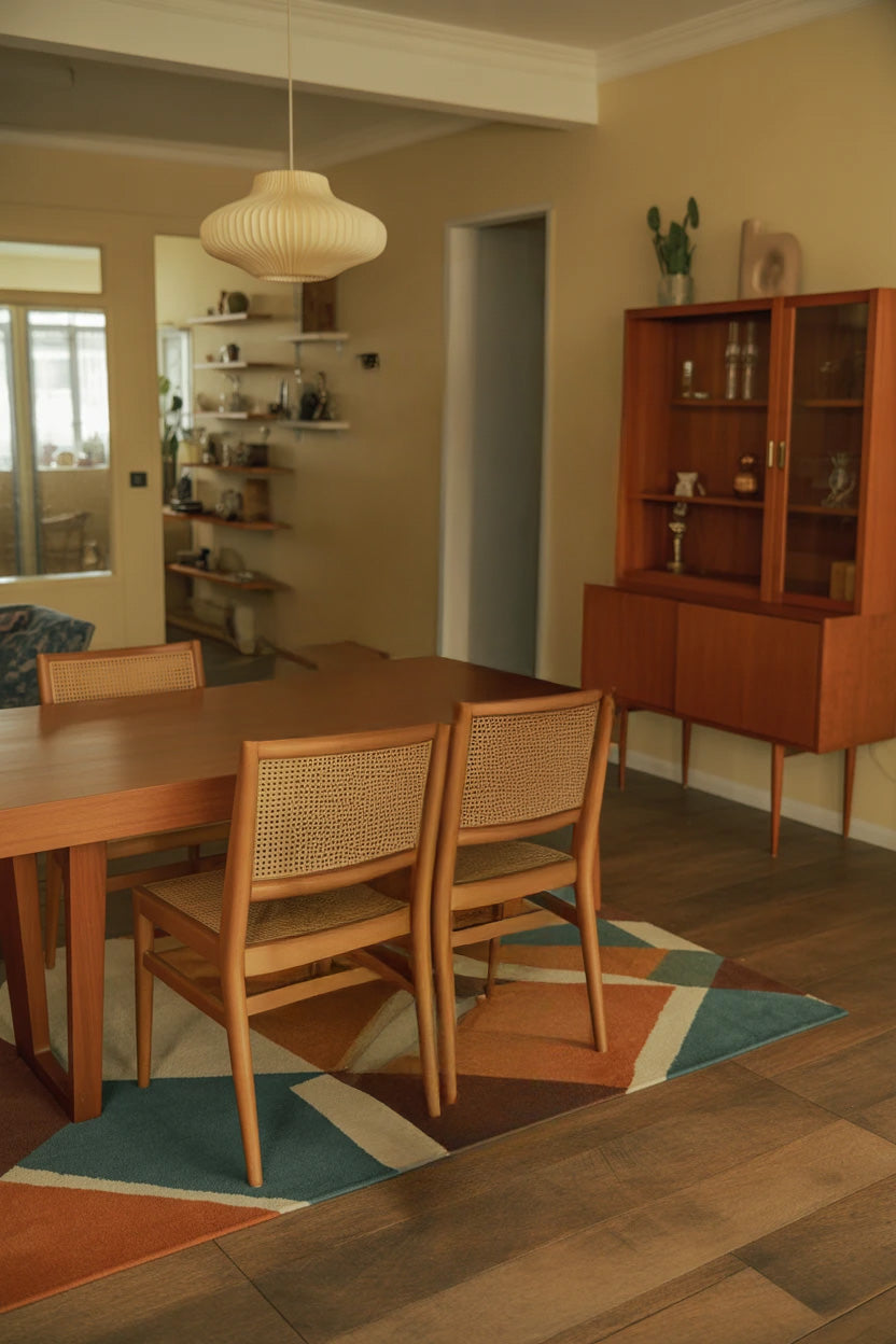 Warm dining room with wooden furniture and geometric rug