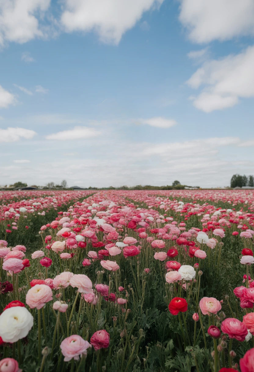 Vast blooming field of pink and white flowers
