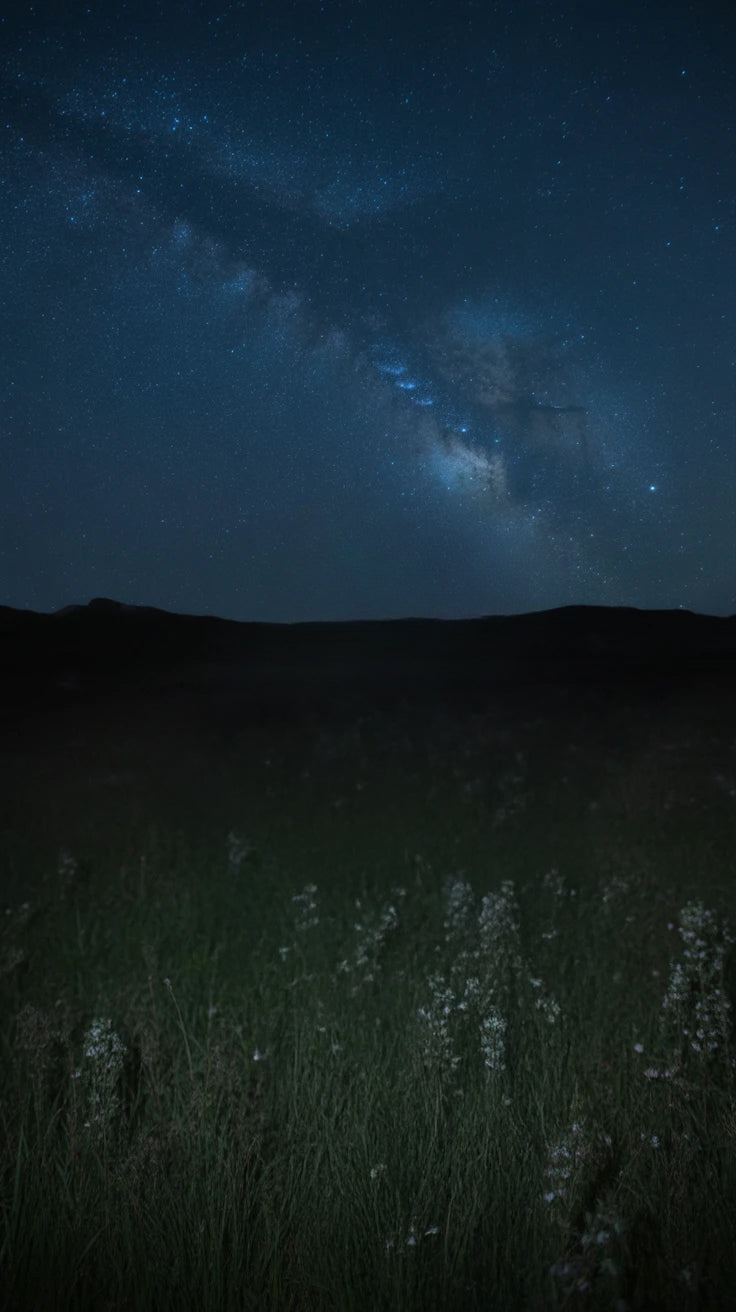 Starry night sky over grassy field with distant hills