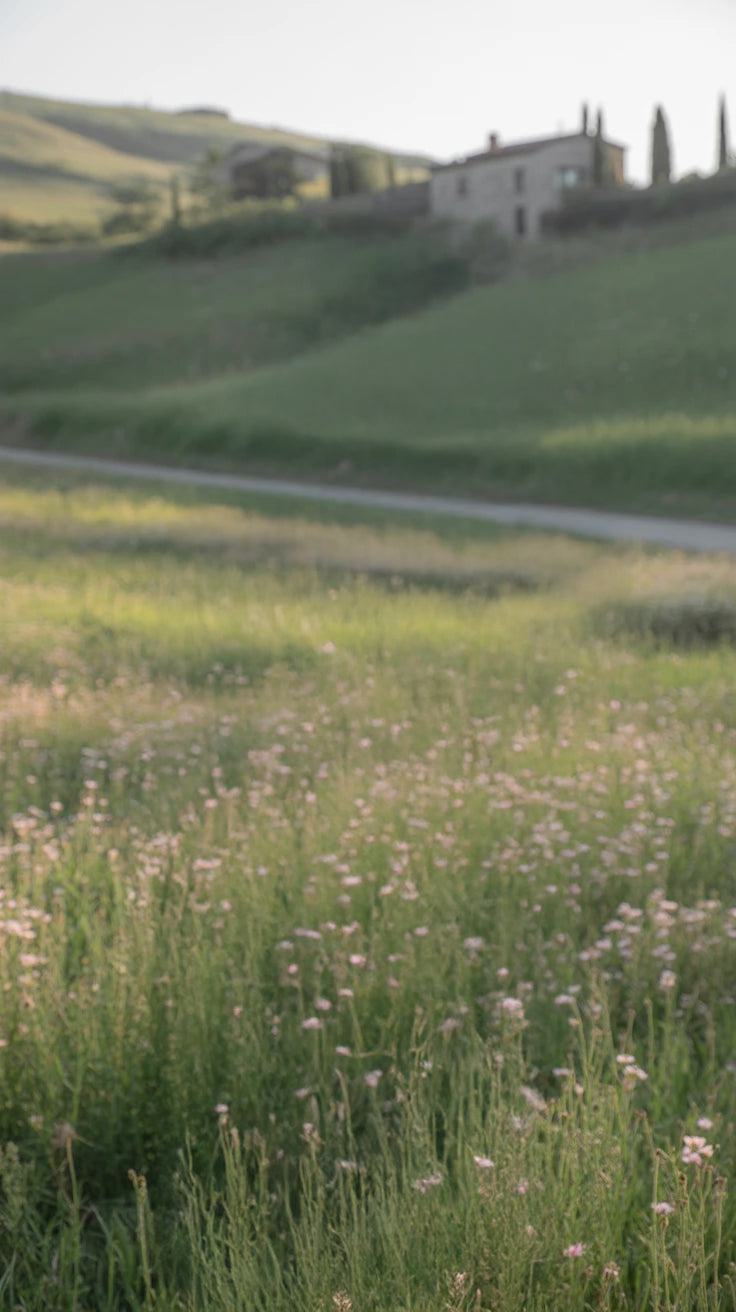 Peaceful countryside meadow with wildflowers and distant farmhouse