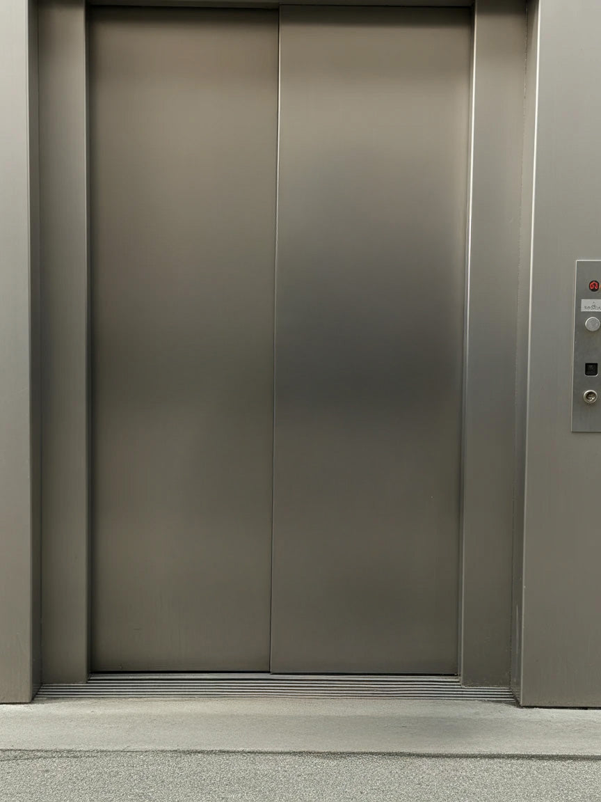 Modern metallic elevator doors with control panel on side