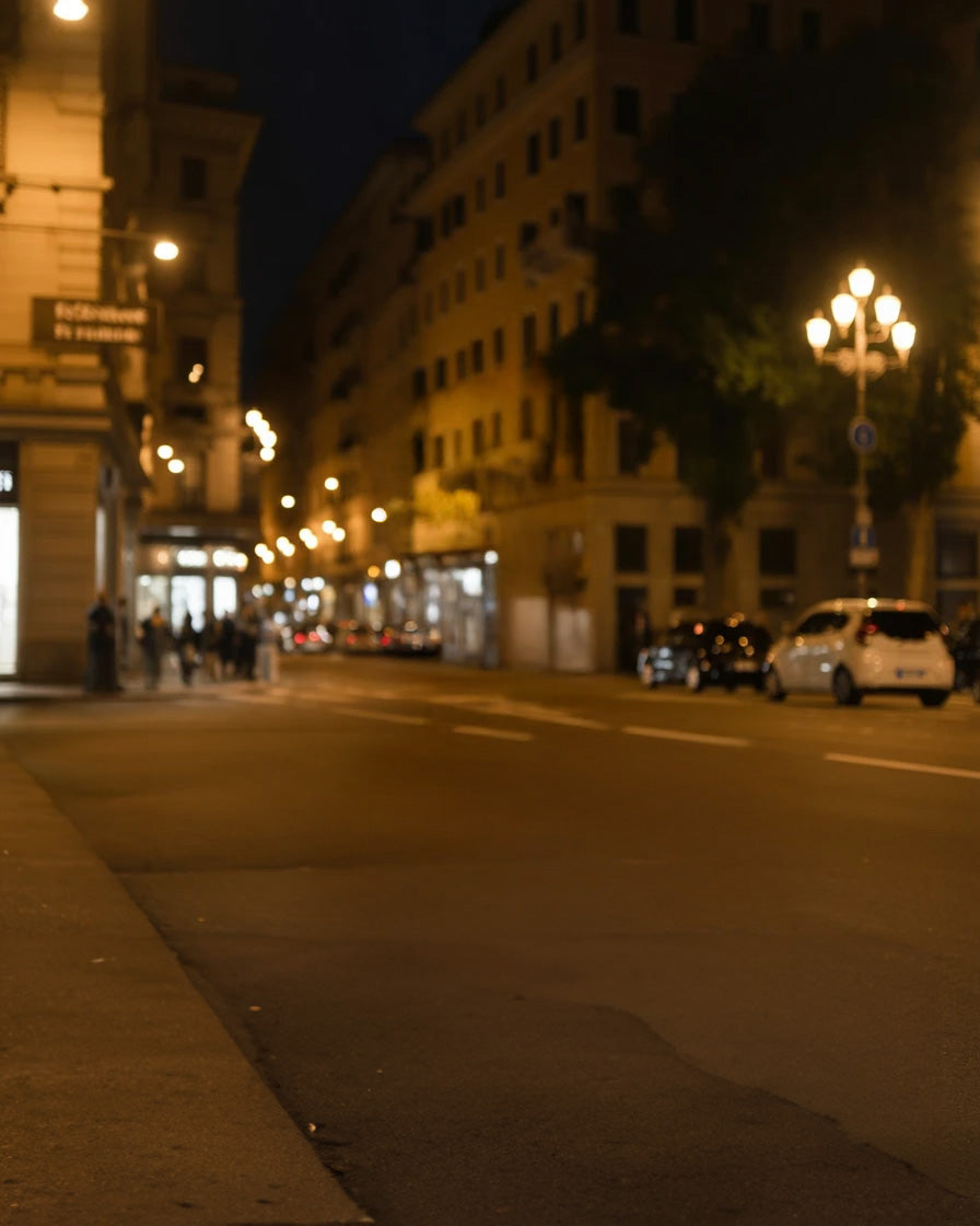 City street at night with warm glowing streetlights