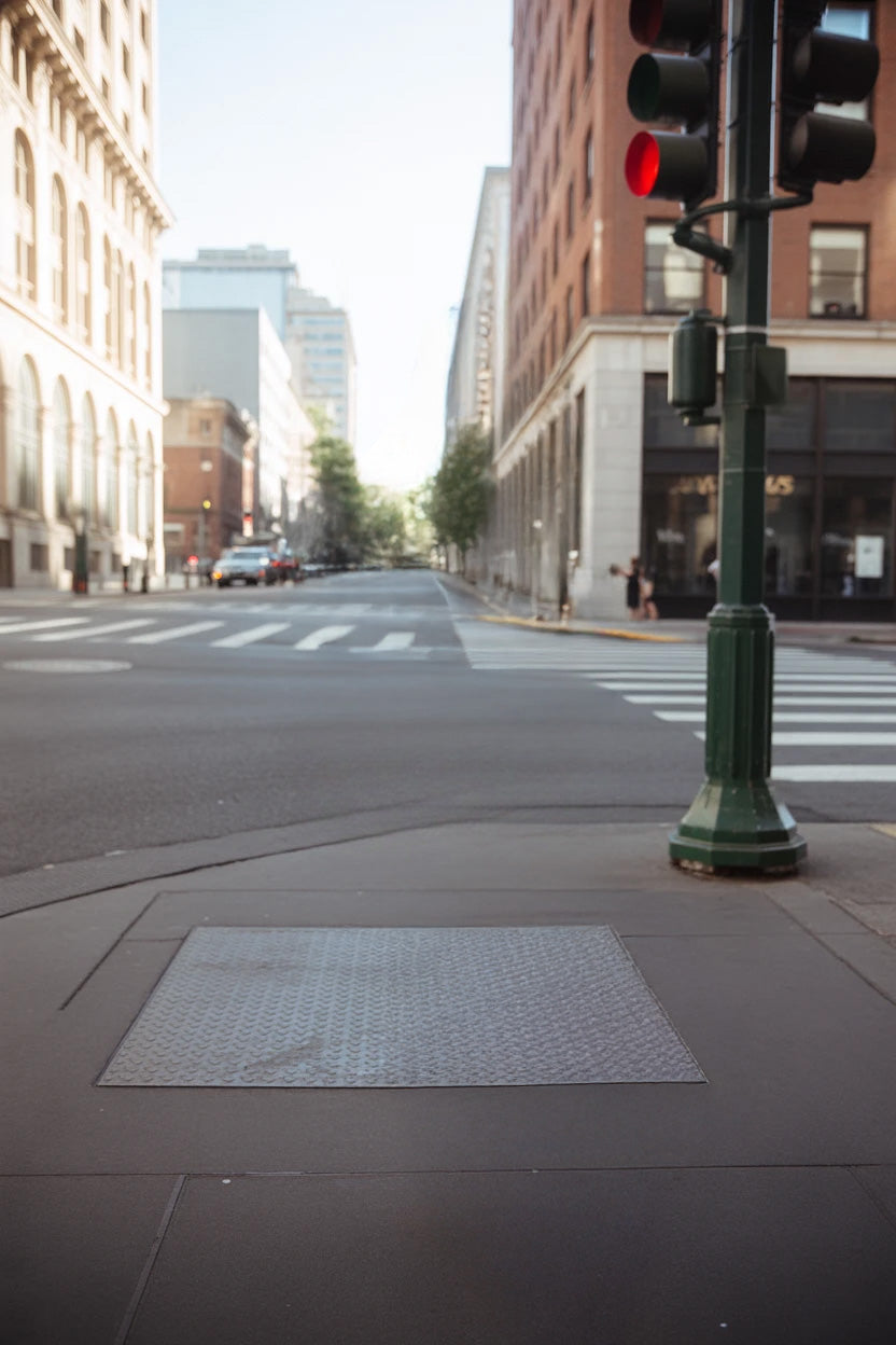 Quiet downtown street with crosswalks and historic buildings