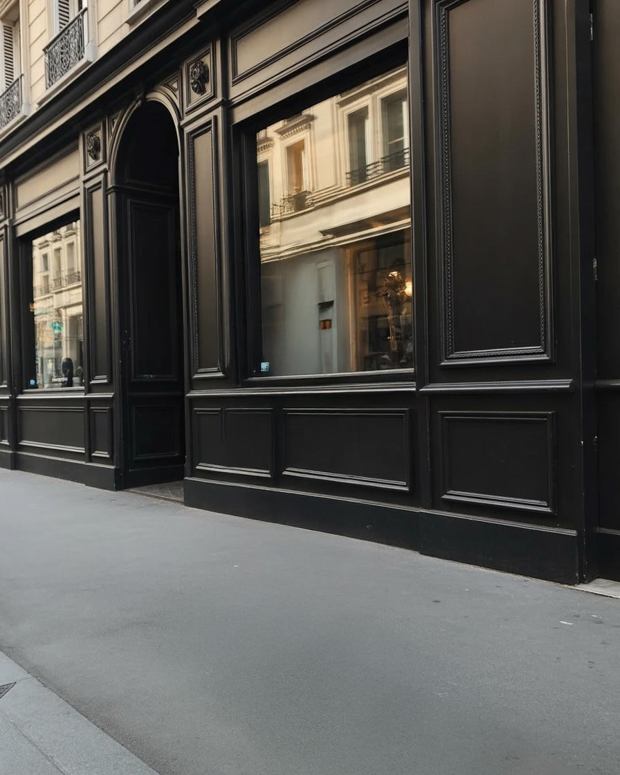Elegant black storefront with large windows and ornate detailing