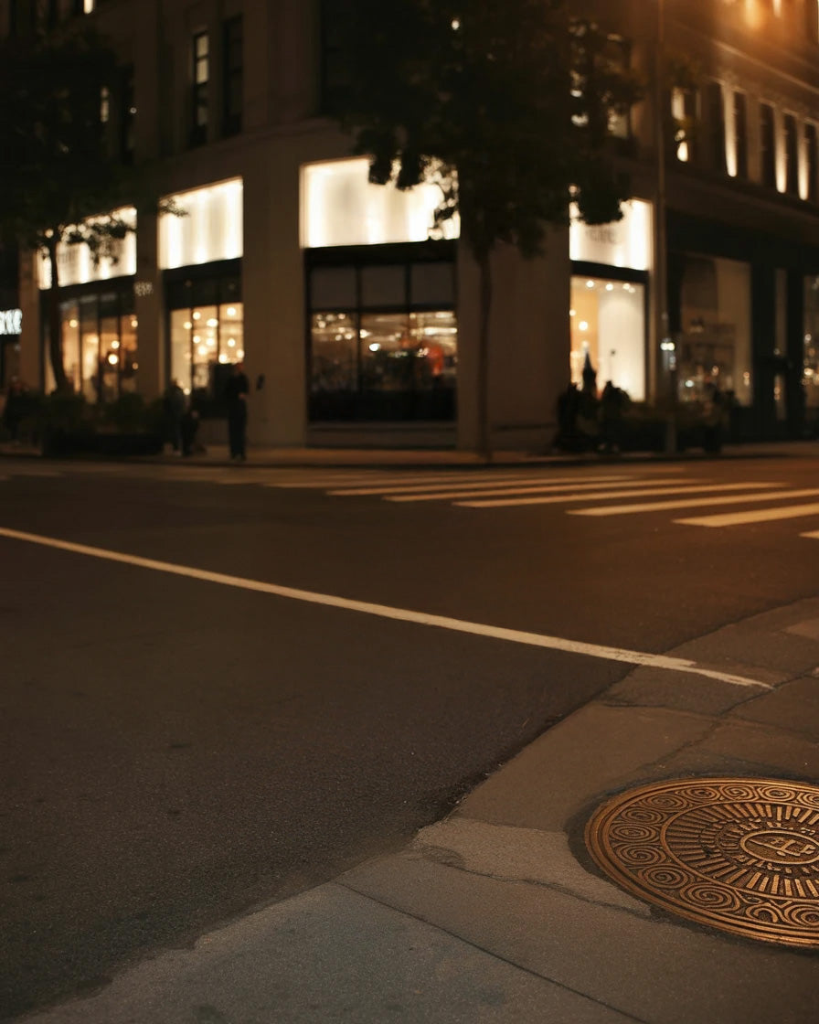 City street corner at night with illuminated storefronts