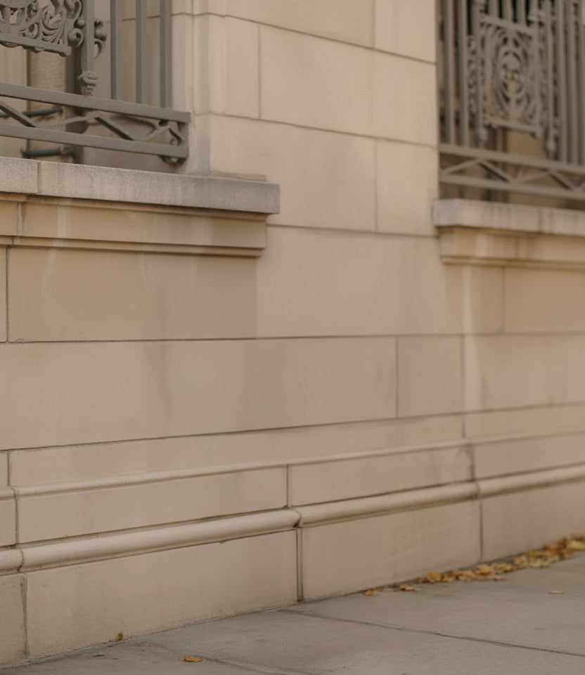 Stone building exterior with decorative iron window grilles