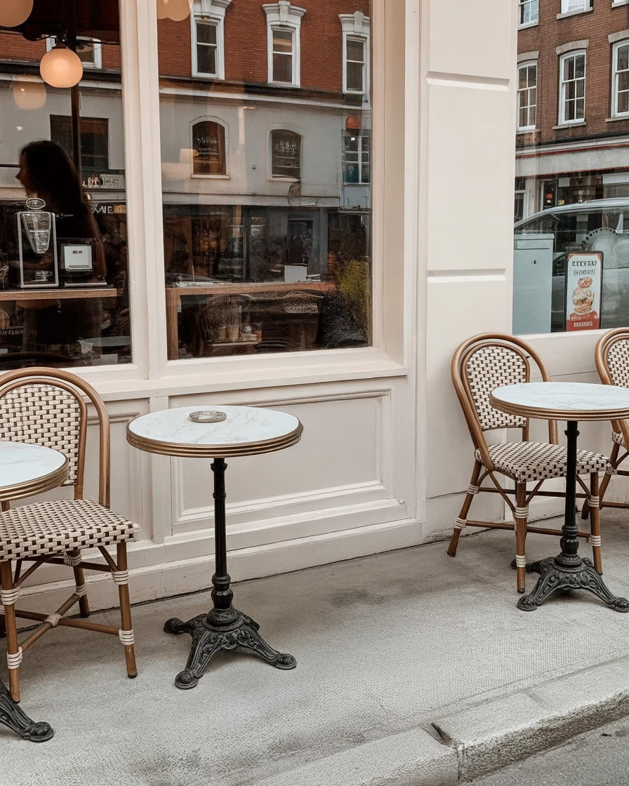 Cozy outdoor café with round tables and woven bistro chairs