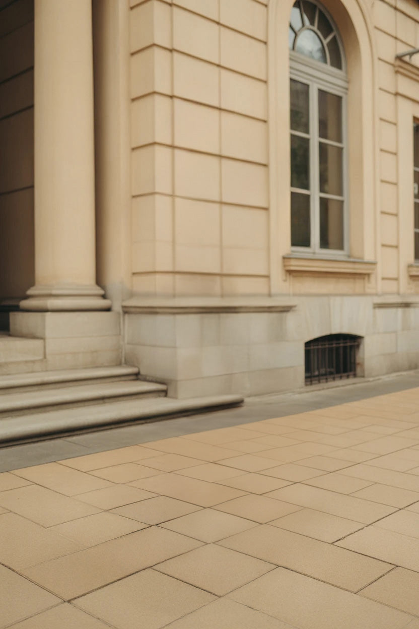 Elegant classical building facade with tiled courtyard and columns