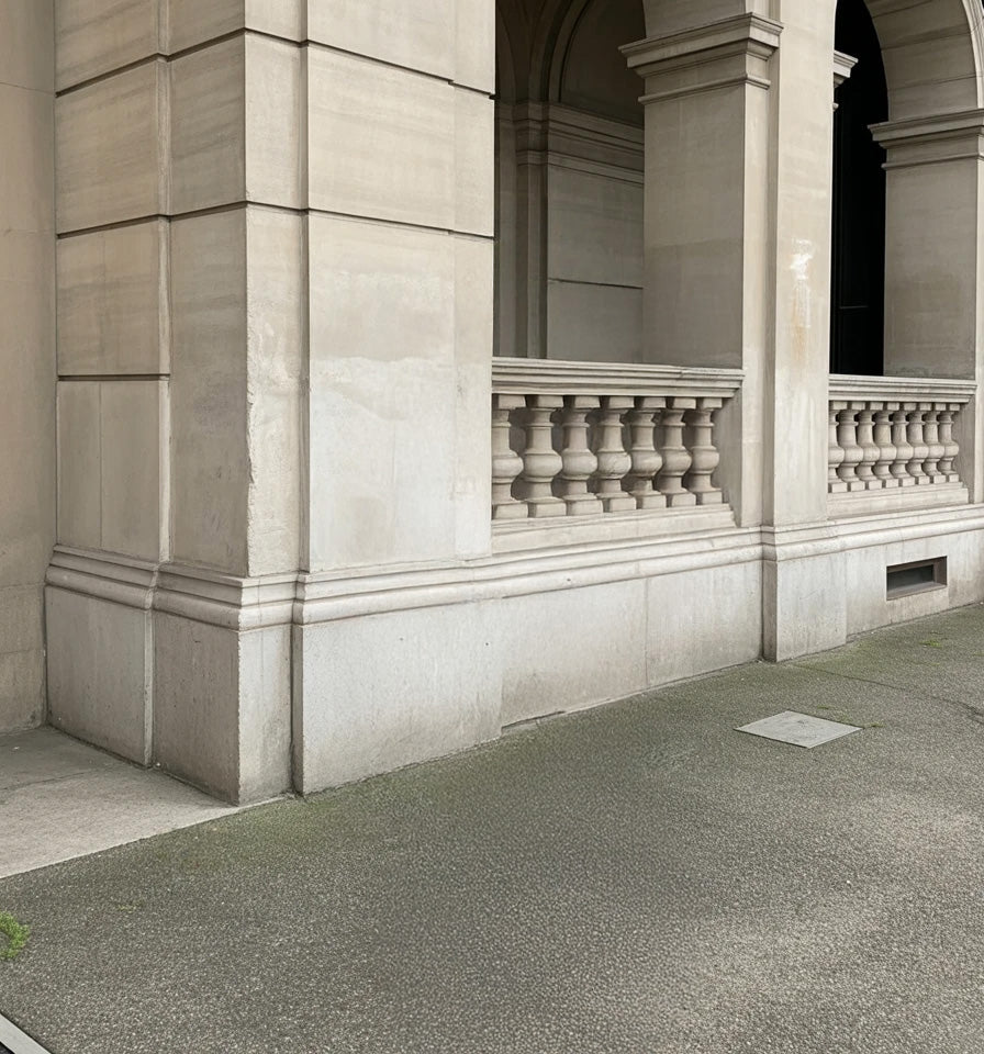 Stone building exterior with arched openings and balustrade railing