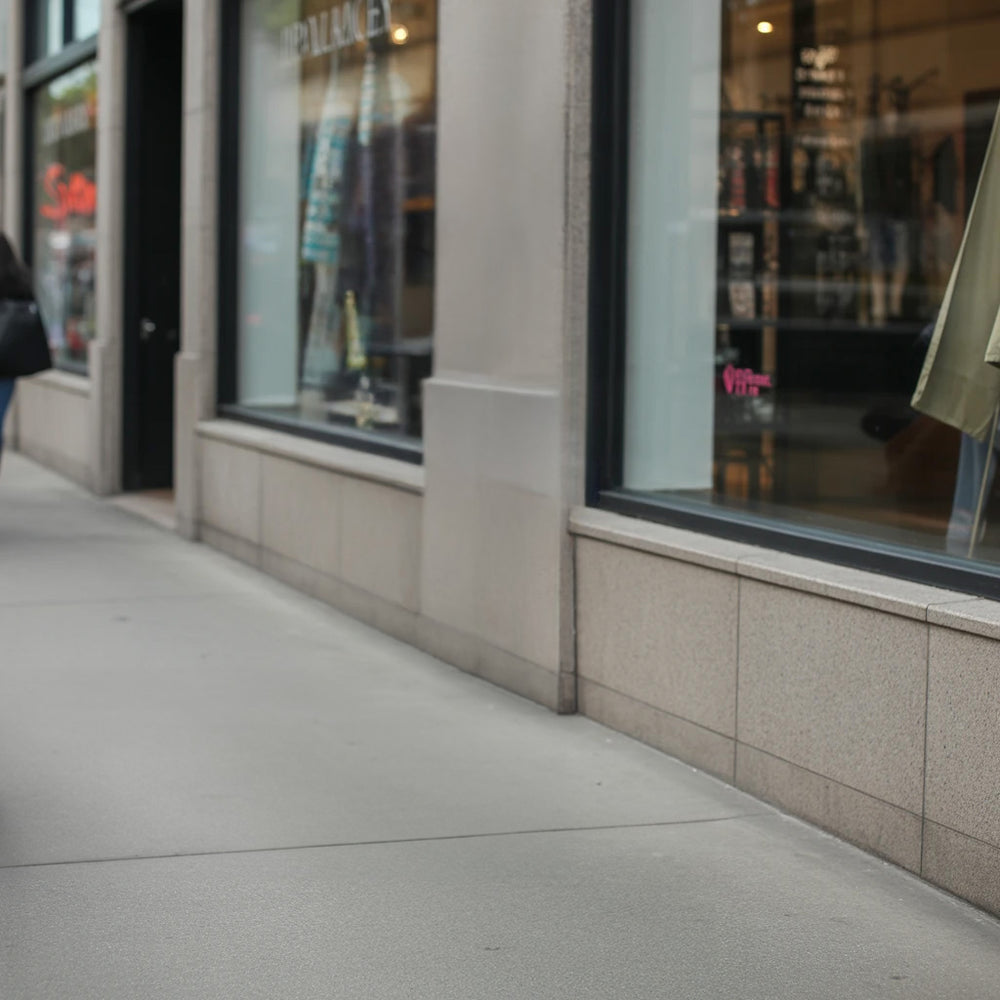 Urban storefront windows along clean concrete sidewalk