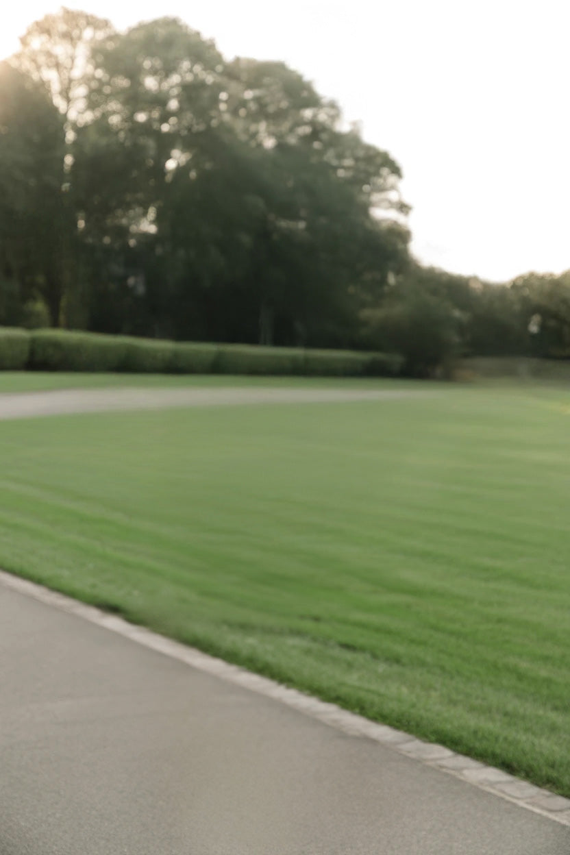 Manicured green lawn with paved walkway and trees in background