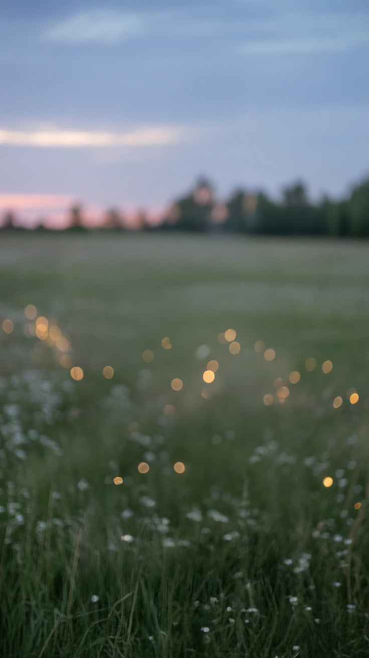 Peaceful meadow at dusk with glowing firefly lights