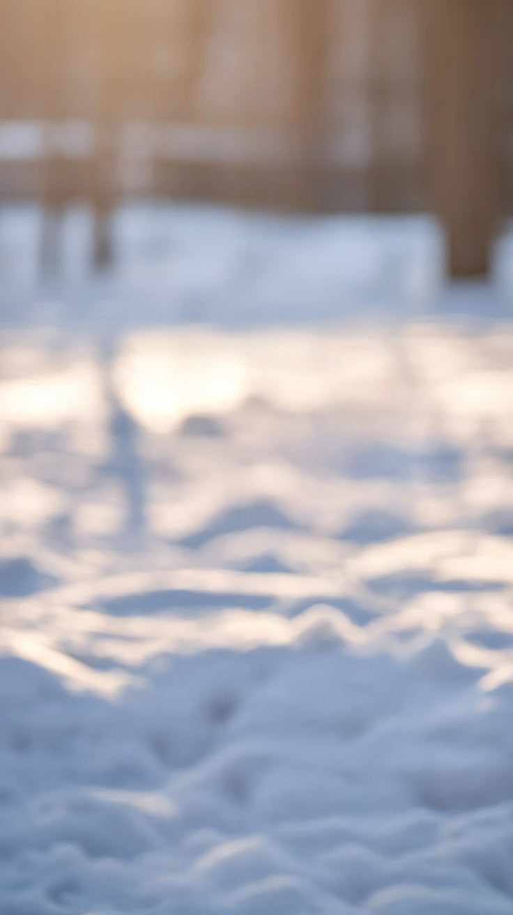 Snow-covered ground with soft golden sunlight shining through
