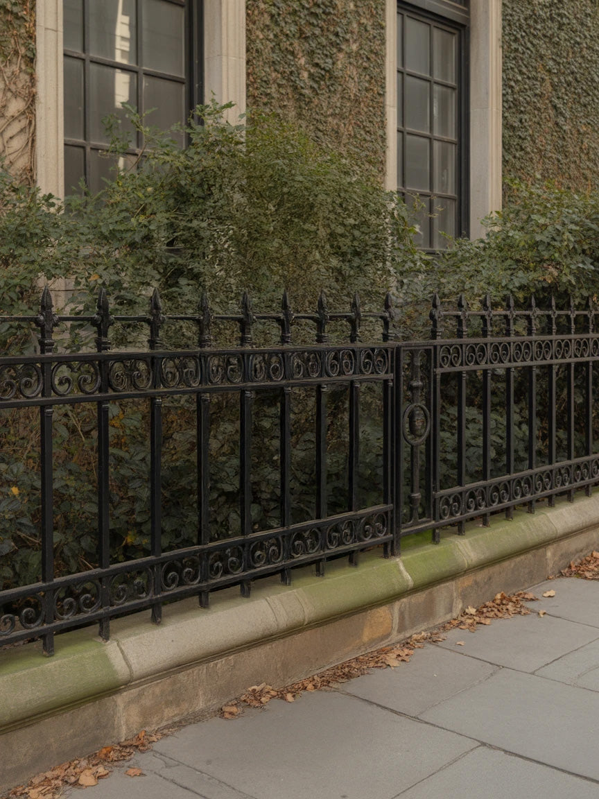 Elegant black iron fence with ivy-covered historic building façade
