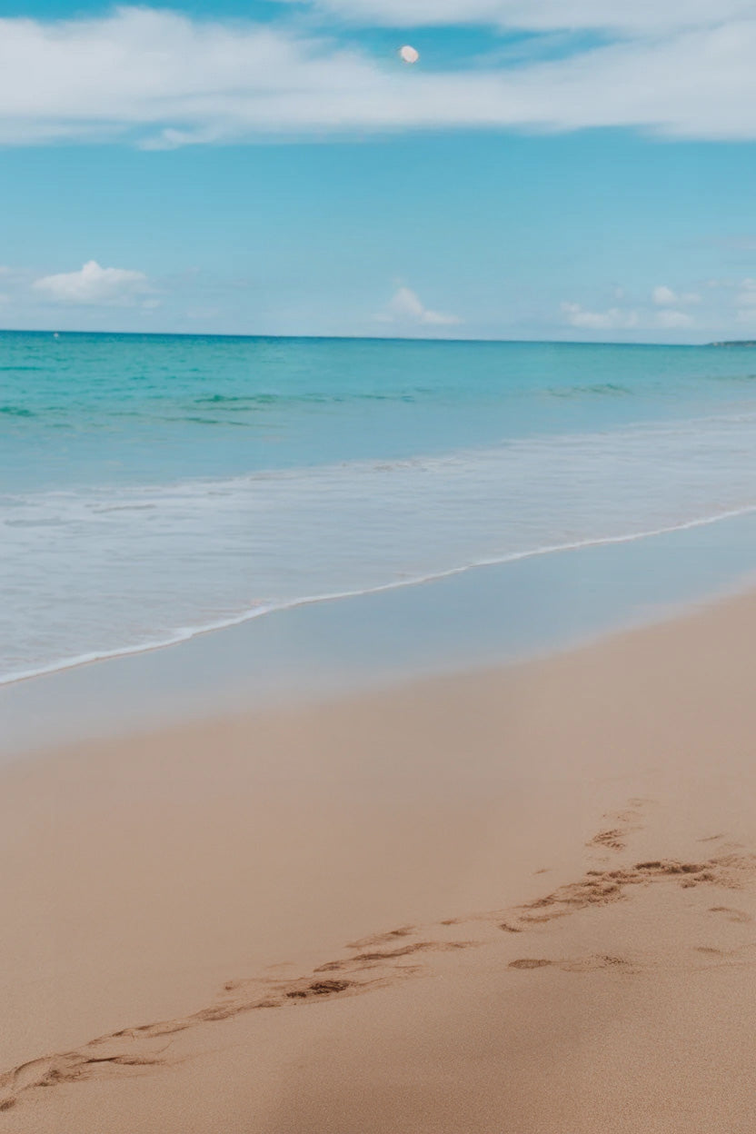 Serene sandy beach with turquoise ocean and clear blue sky