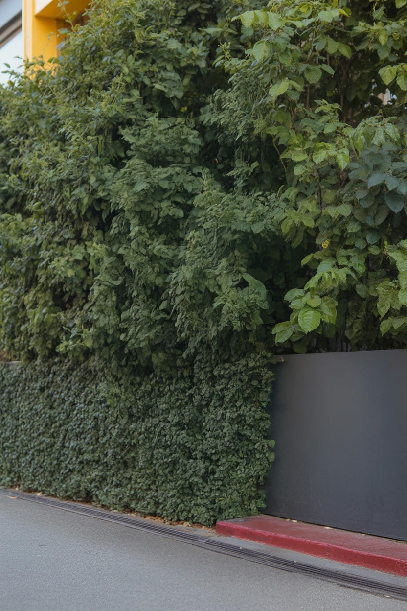 Urban street corner with lush green ivy wall