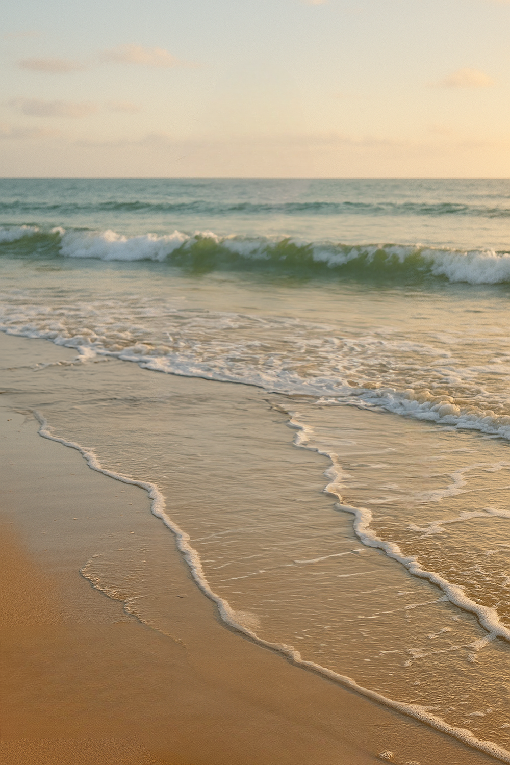 Gentle ocean waves at shoreline during sunset hour