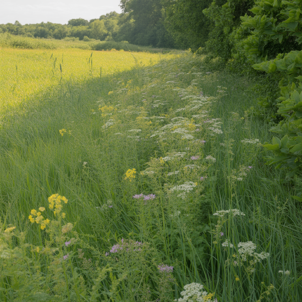 Wildflower-covered field edge beside lush green forest