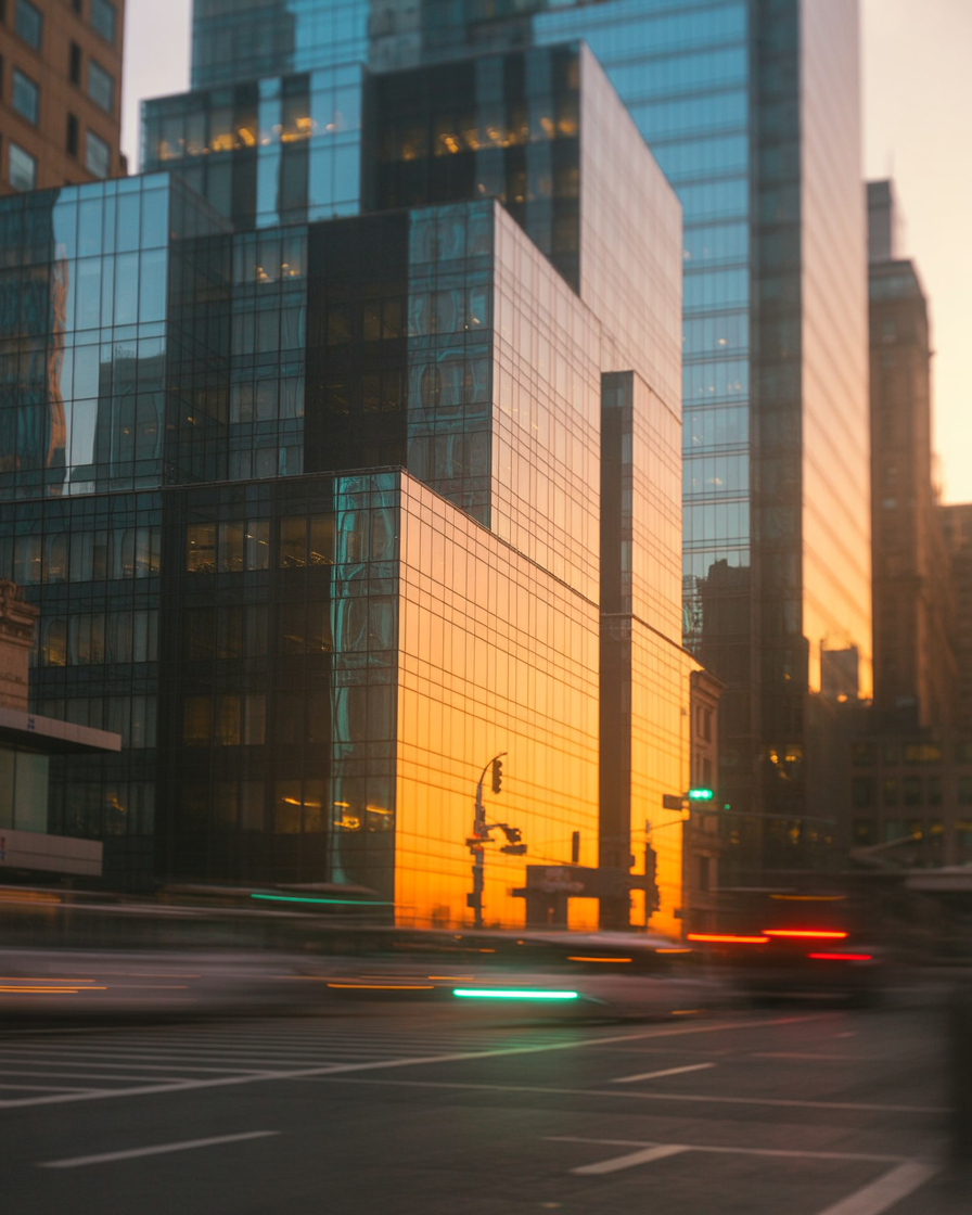 Modern glass skyscrapers reflecting vibrant orange sunset light