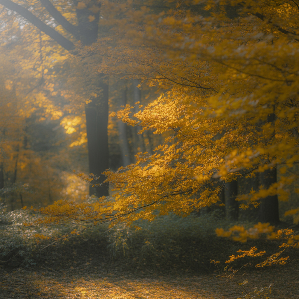 Golden autumn forest with sunlight filtering through trees