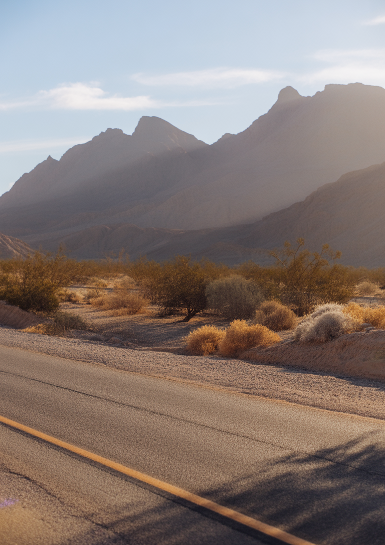 Desert highway with dry bushes and distant mountain range