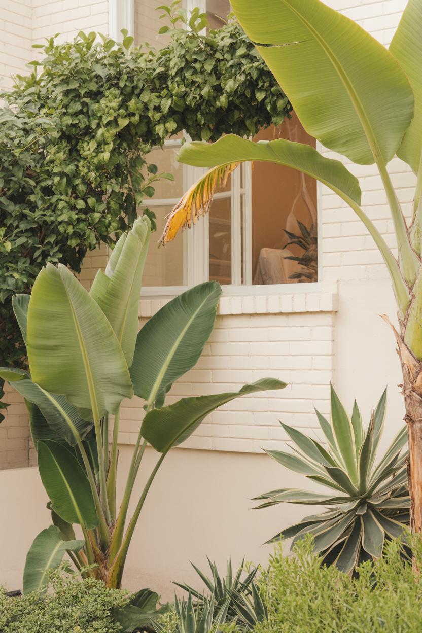 Tropical garden plants growing beside a cream brick house