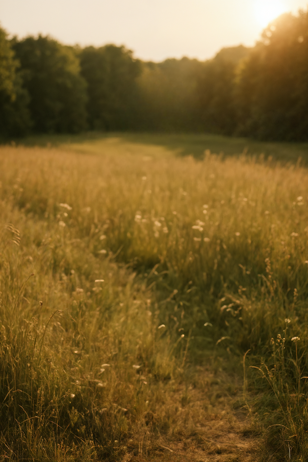 Golden hour meadow path with tall grass and trees
