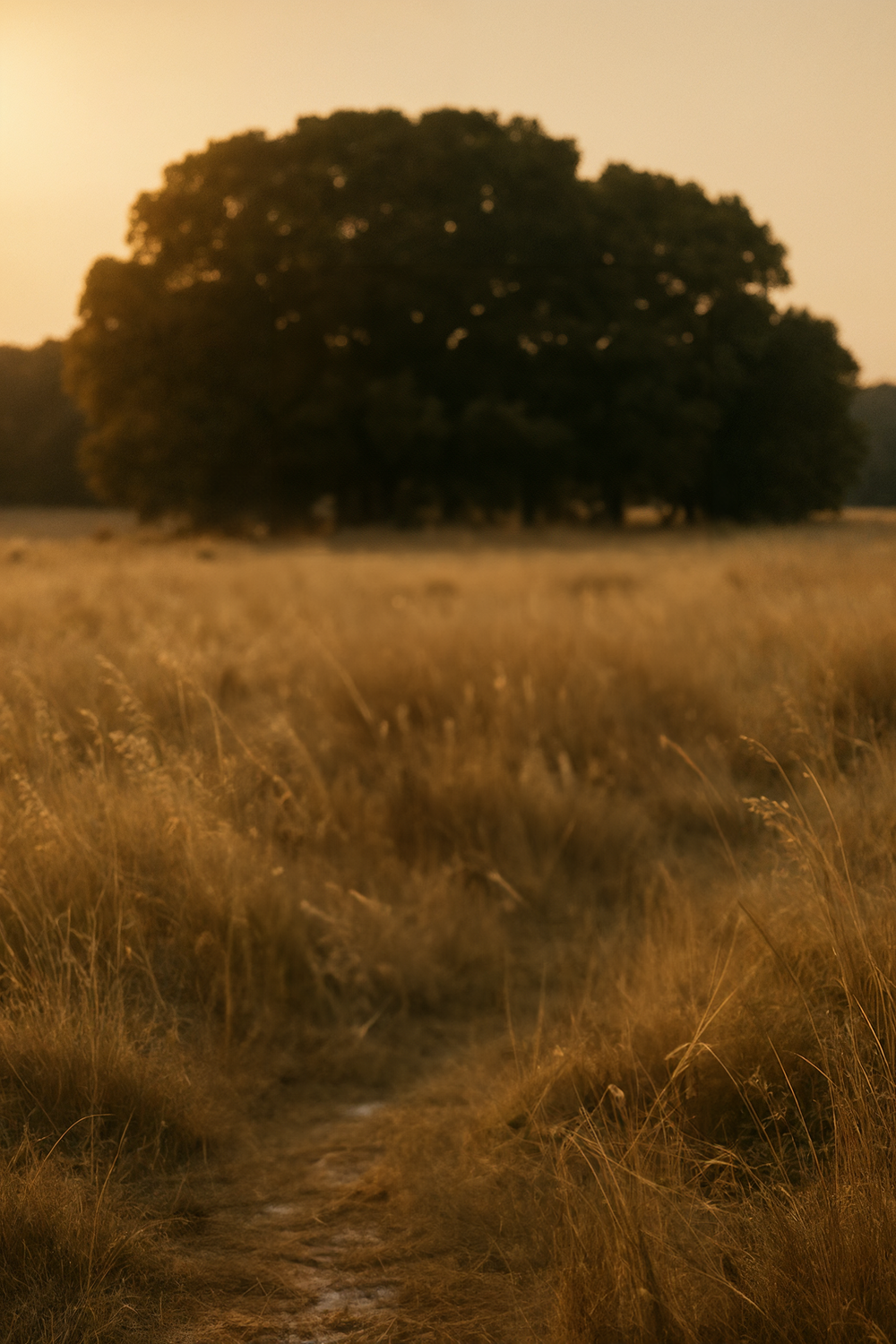 Golden light over dry grass and distant tree silhouette