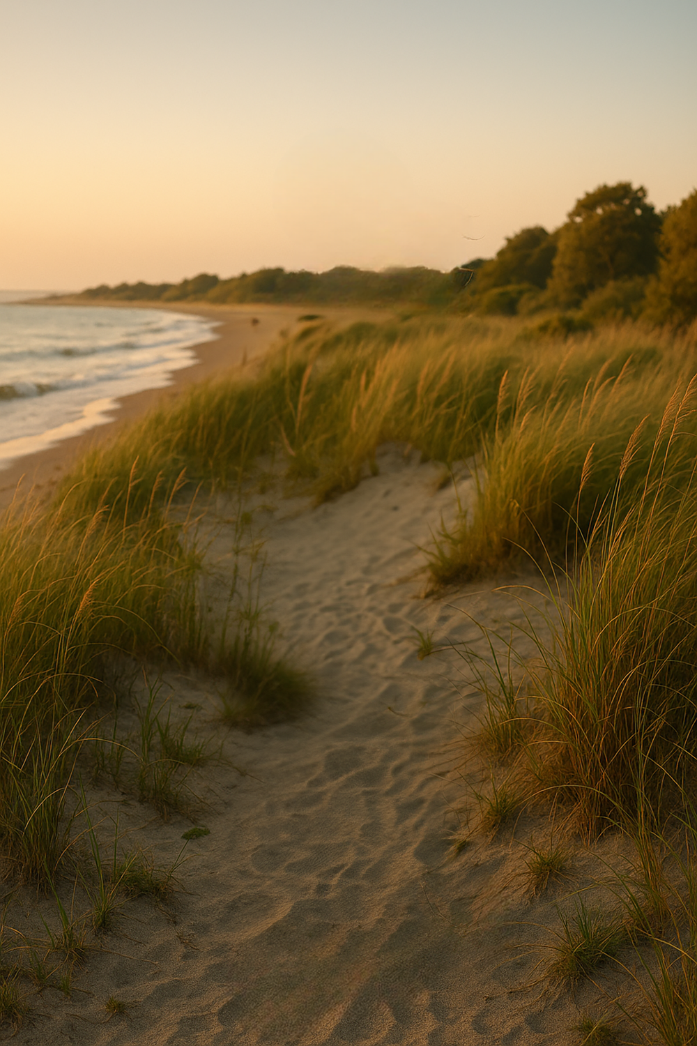 Sunset glow over grassy beach dunes and shoreline